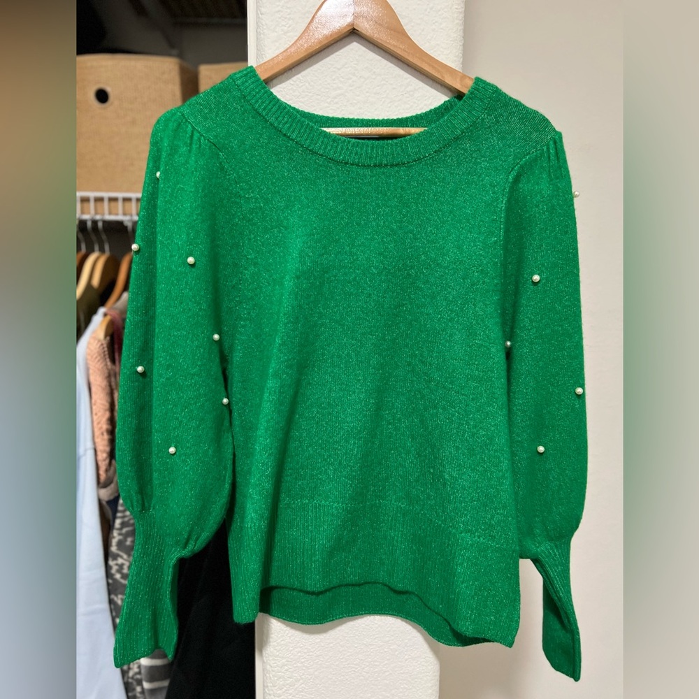 CECE Sweater with Balloon Sleeves & Pearls